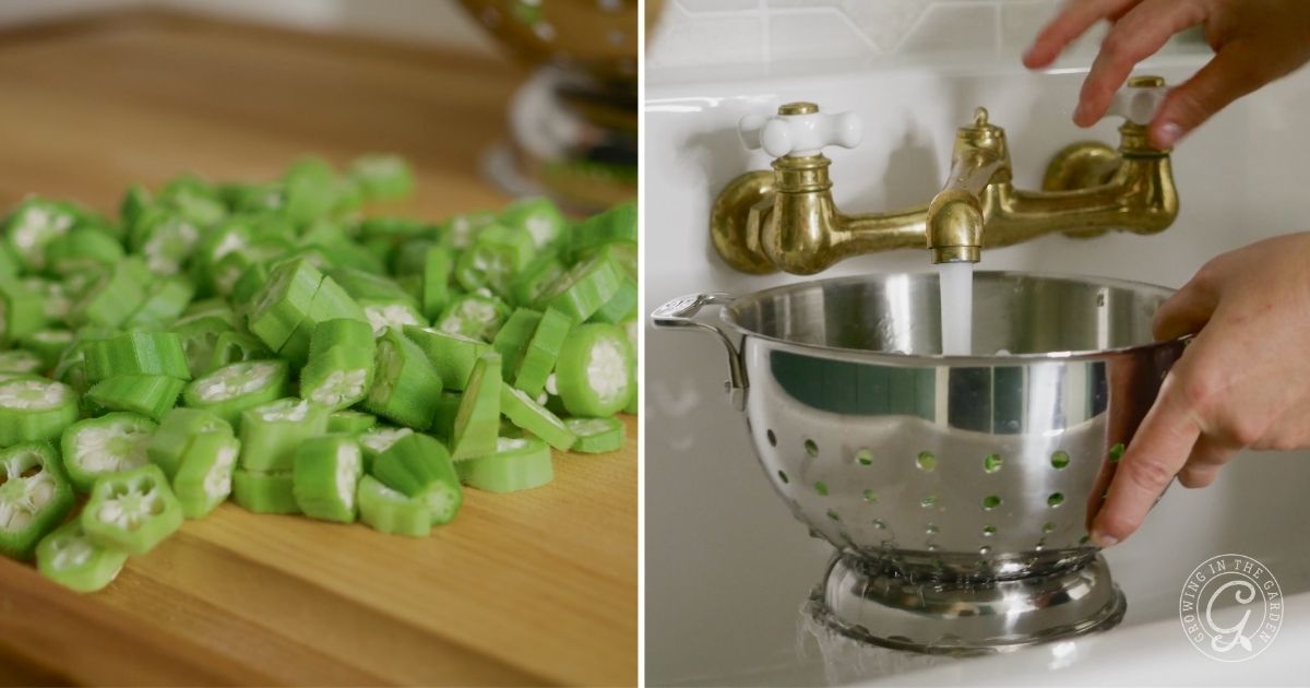 Rinsing sliced okra