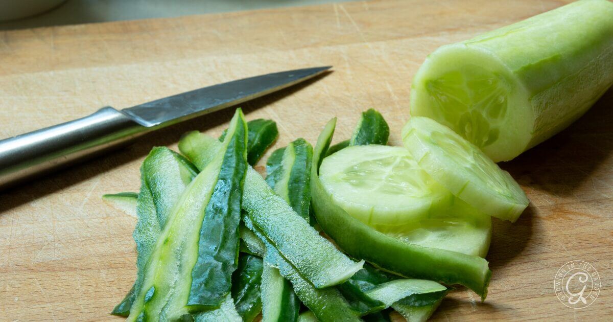 A peeled cucumber, cucumber slices, and a knife on a wooden cutting board.