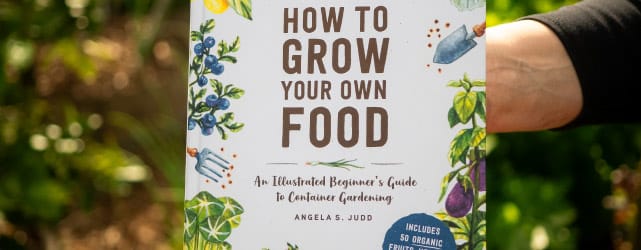 A person holds the book How to Grow Your Own Food with colorful fruit and garden tool illustrations on the cover.