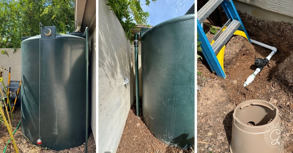 Three images show large green rainwater tanks and plumbing installation beside a house with soil and pipes visible.