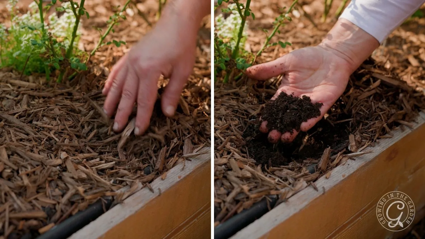 Two hands in a garden bed: one spreads mulch, the other holds soil beneath the mulch.