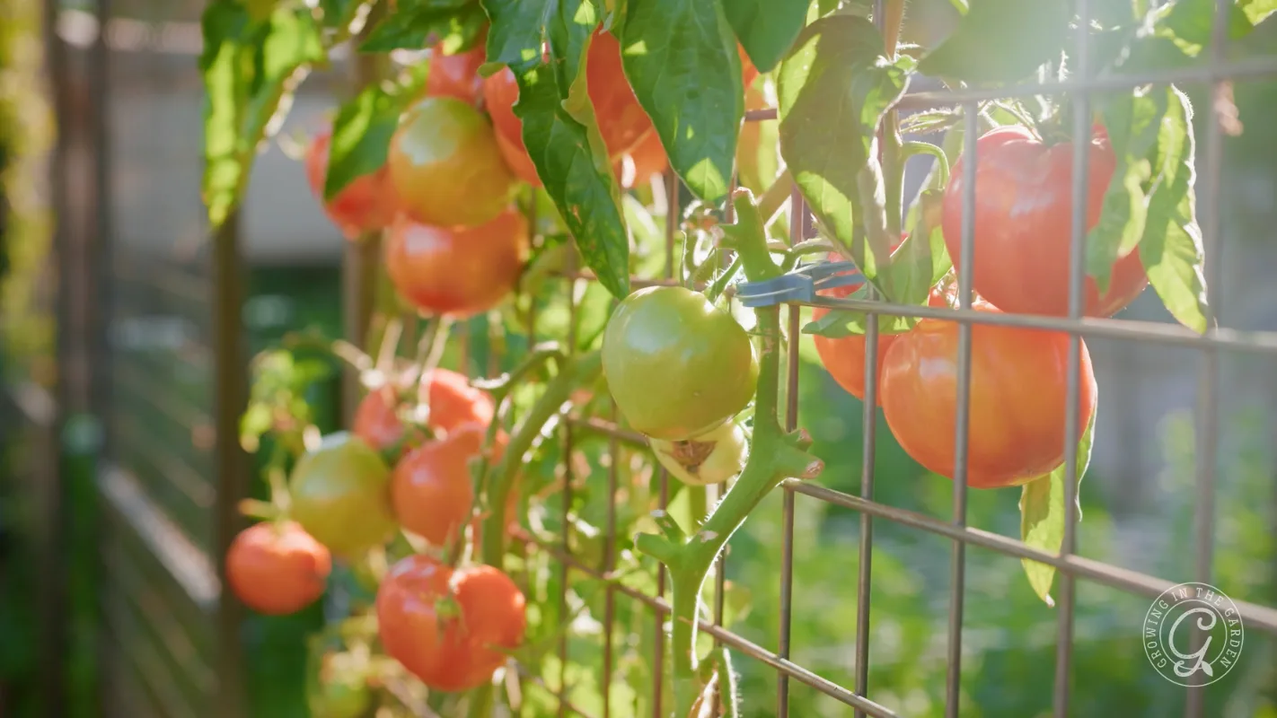 Tomatoes in various stages of ripening grow on vines along a metal garden trellis in sunlight.