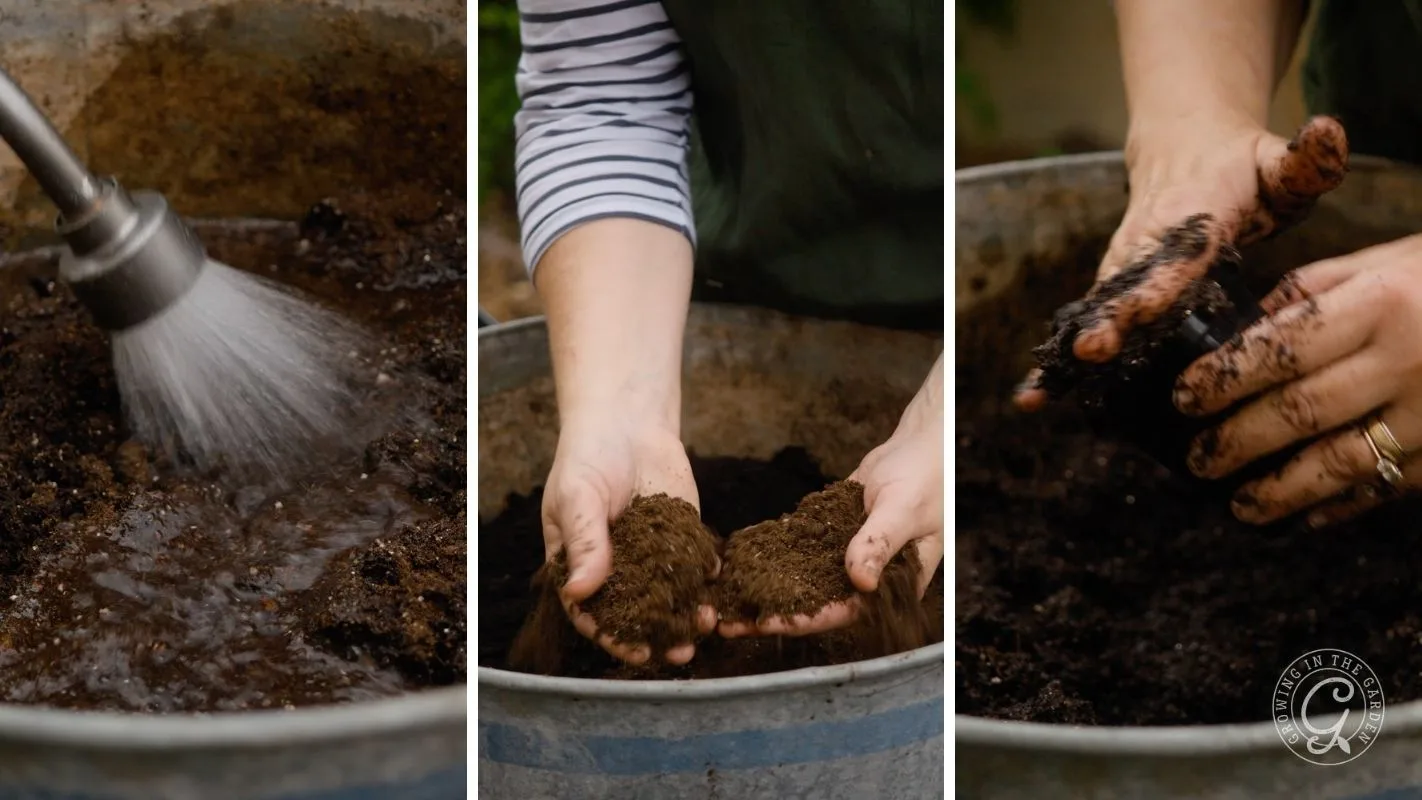 Three-panel image showing soil being watered, scooped, and mixed by hand in a large metal container.