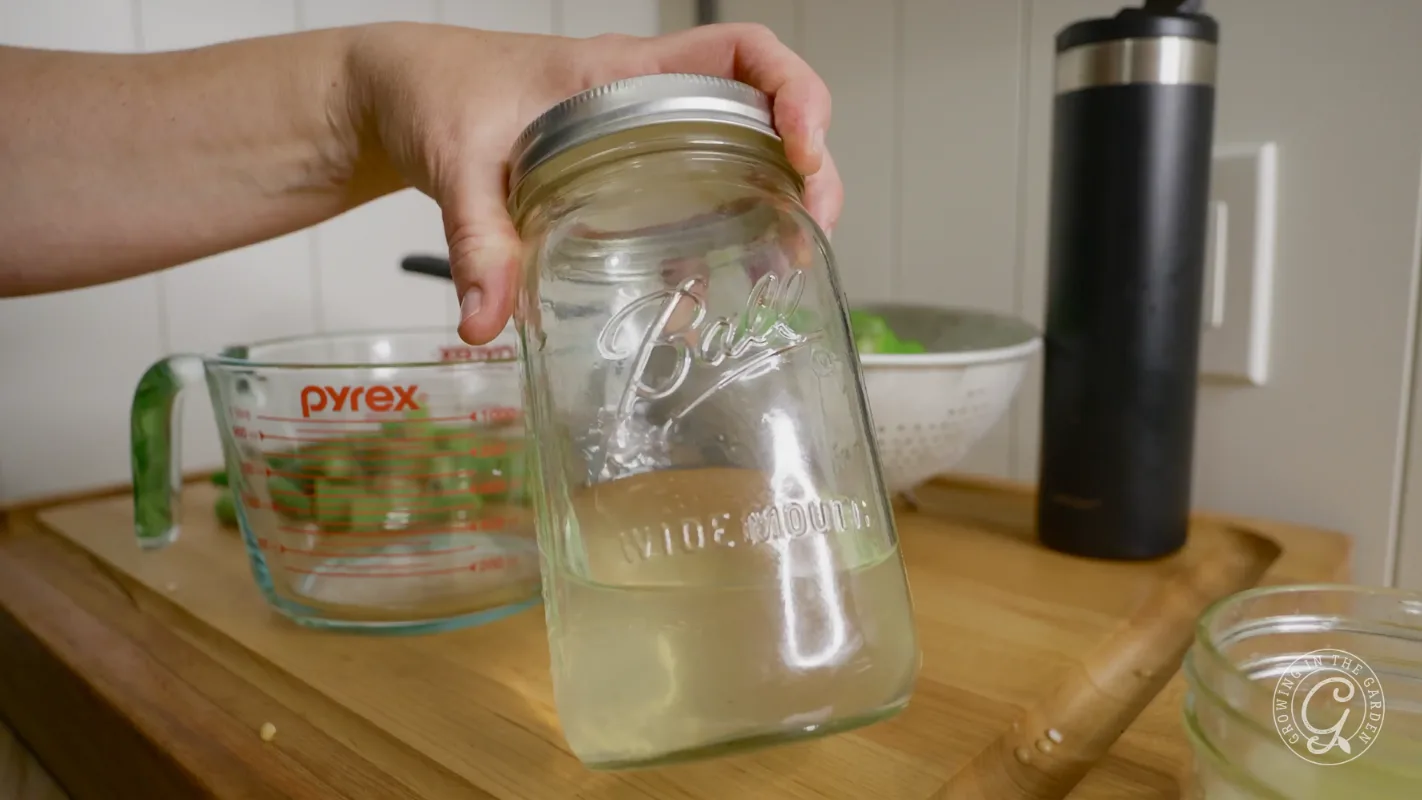 A hand holding a mason jar filled with cloudy liquid over a wooden kitchen counter.
