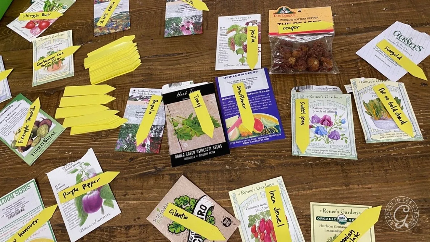 Packets of seeds and yellow plant tags labeled with vegetable names spread out on a wooden table.