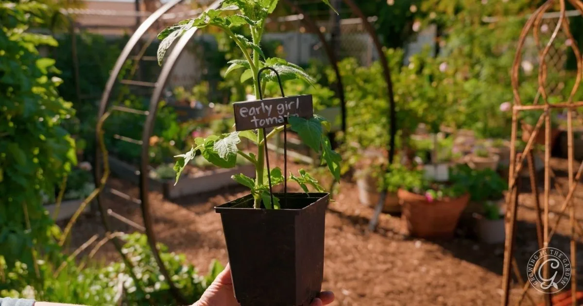 A hand holds a potted early girl tomato plant&mdash;one of the best tomatoes for Arizona&mdash;in a sunny garden.