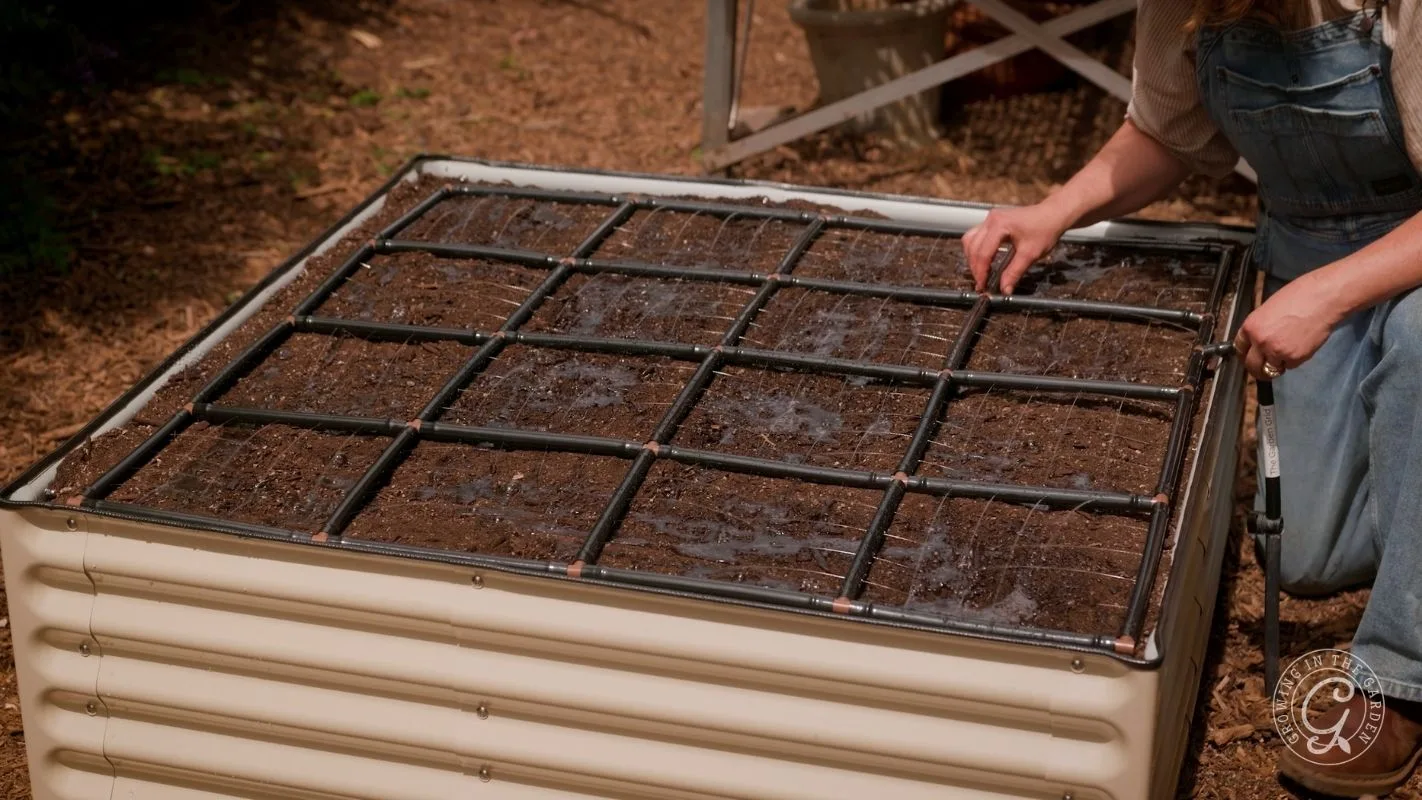 Person preparing a raised garden bed with a square grid for planting, filled with moist soil.