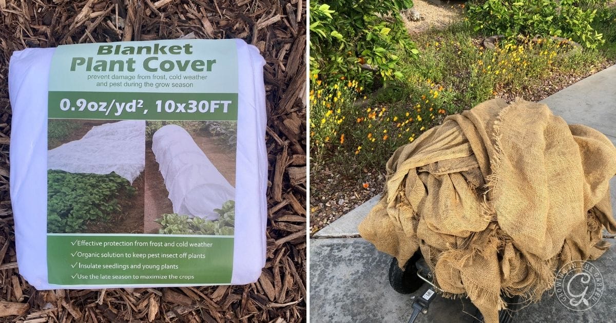 Left: A packaged blanket plant cover; right: Burlap fabric draped over a wheelbarrow outdoors.