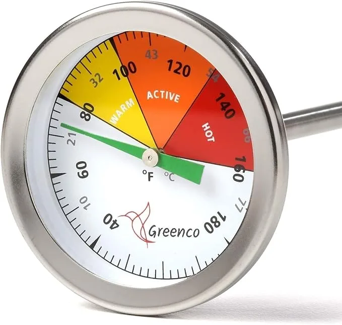 A round metal thermometer with color zones labeled Warm, Active, and Hot, and temperatures in Fahrenheit&mdash;perfect for monitoring how to compost effectively.