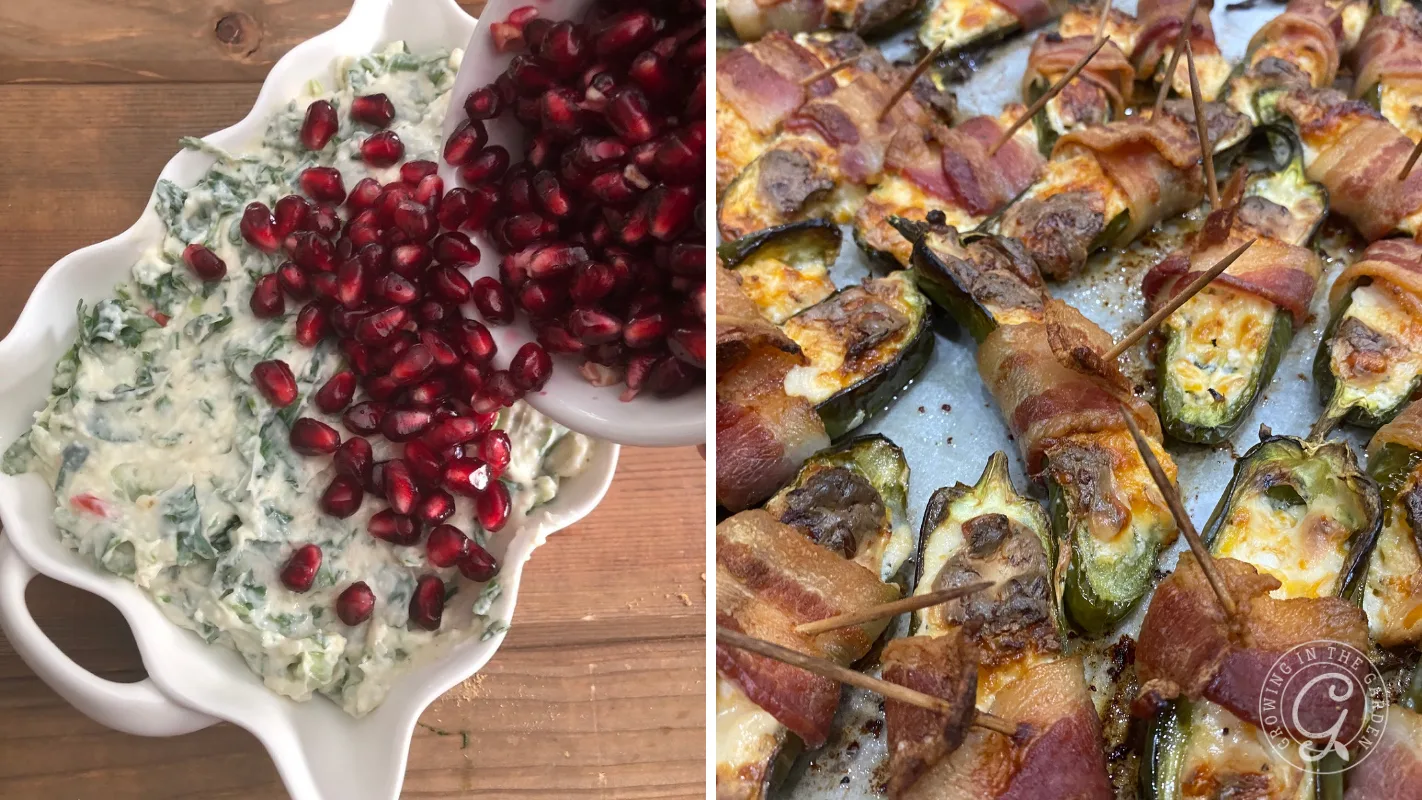 Pomegranate seeds being added to a spinach dip and a tray of bacon-wrapped jalapeño poppers.