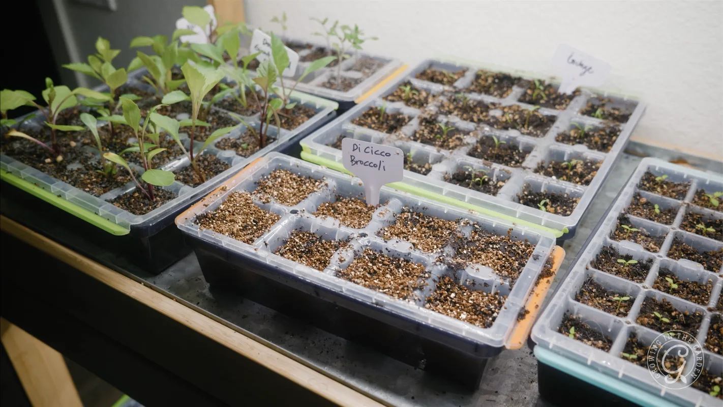 Seedlings and labeled seed trays growing under indoor light on a table, with some trays sprouting plants.