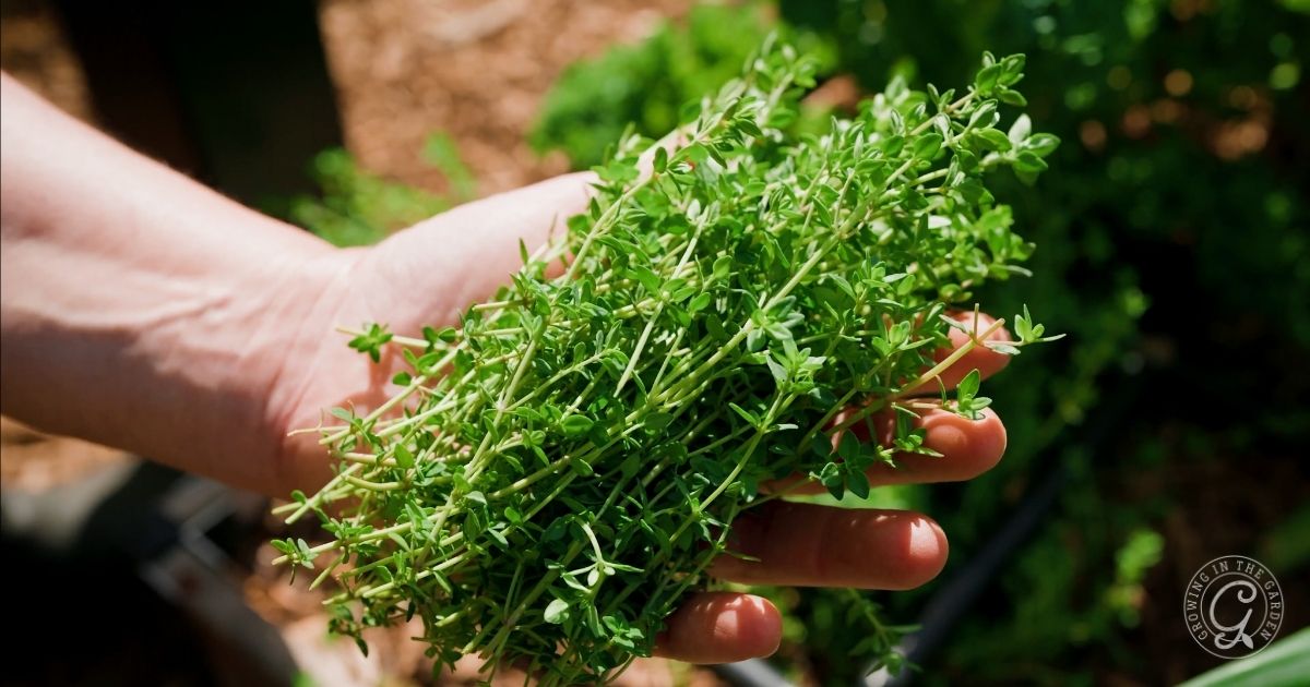 A hand holding a bunch of freshly harvested thyme sprigs over a garden bed, with green plants and soil visible in the background—perfect for adding fresh flavor to scalloped potatoes or blue cheese dishes.