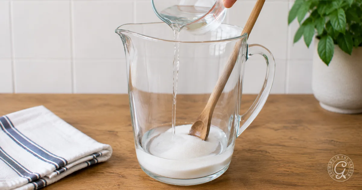 A hand pours water into a glass pitcher with sugar, beside a wooden spoon and striped towel on a table.