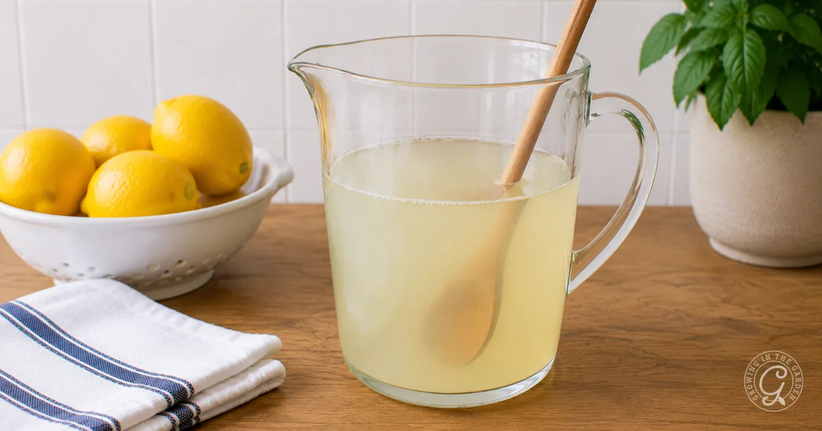 A glass pitcher of lemonade with a wooden spoon, next to a bowl of lemons and folded napkins on a wooden table.