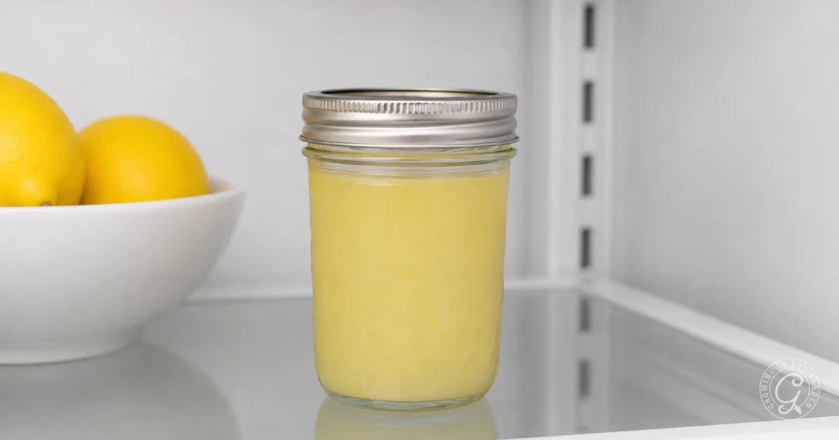 A jar of lemon juice sits on a refrigerator shelf next to a white bowl of whole lemons.