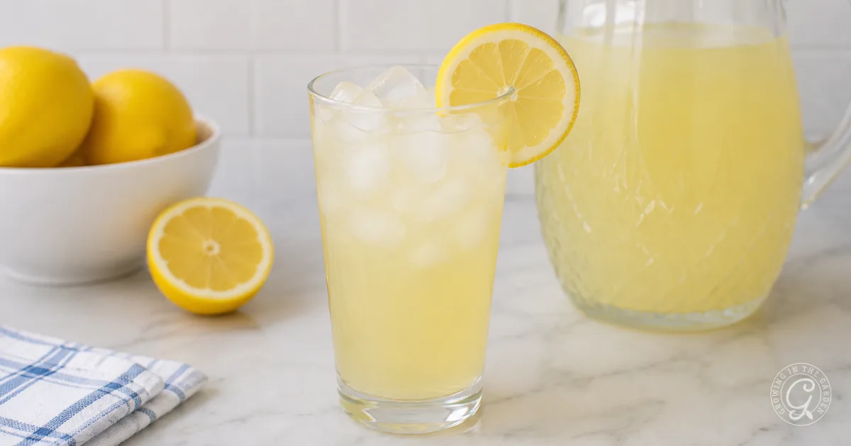A glass of iced lemonade with a lemon slice, next to a pitcher of lemonade and fresh lemons on a white counter.