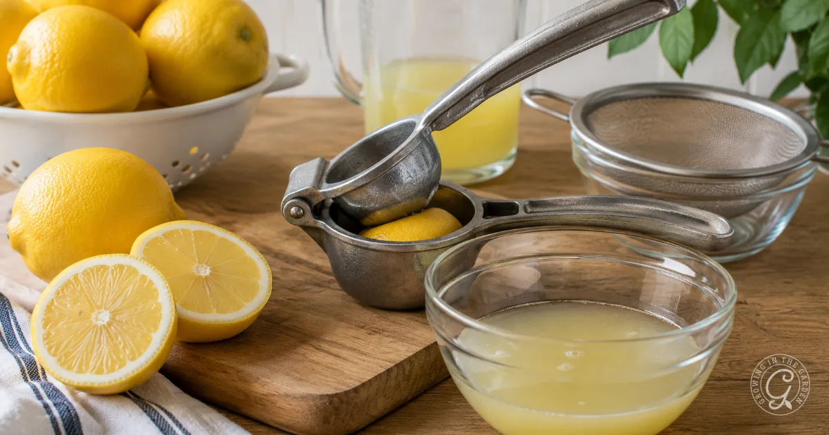A lemon squeezer with halved lemons, a bowl of lemon juice, and whole lemons on a wooden surface.