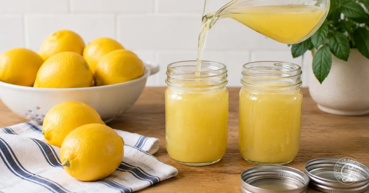 Two mason jars being filled with fresh lemonade, with lemons and a striped towel on a wooden table.