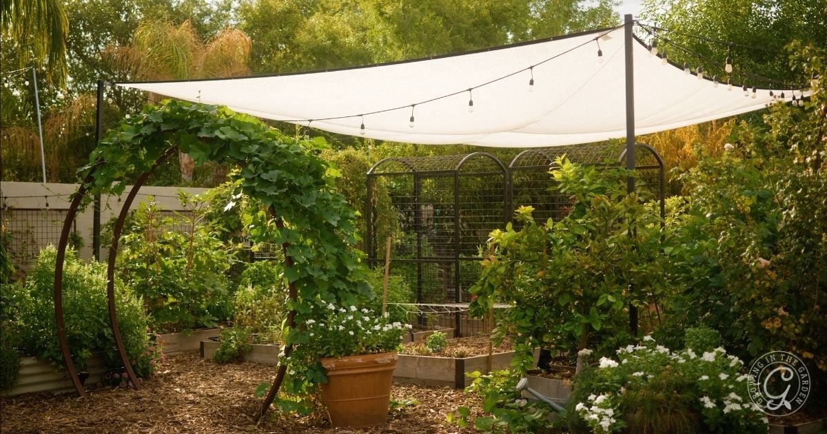 A sunlit garden features a shade sail canopy, explaining why adding shade enhances comfort. Hanging string lights and an arched trellis covered in leafy vines, potted plants, and raised garden beds create a lush atmosphere. Trees and greenery fill the background.