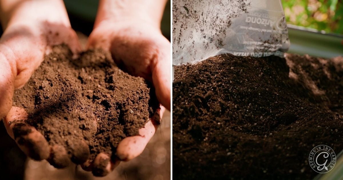 Close-up of hands holding rich, dark soil on the left; on the right, loose soil is poured from a plastic bag into an elevated garden bed&mdash;perfect for gardening tips and maximizing small spaces.