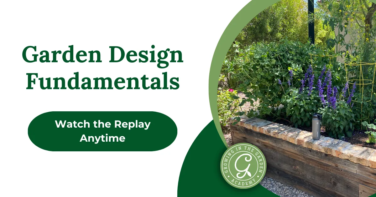 Garden Design Fundamentals promo featuring a beautiful raised garden bed display and a Watch the Replay Anytime button, all set on a vibrant green background&mdash;perfect inspiration for your backyard garden design.