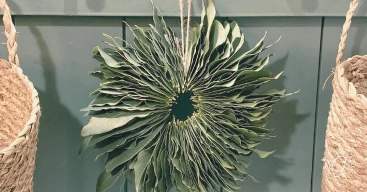 A wreath made of layered green leaves, inspired by how to make a bay leaf wreath, hangs on a blue wall between two woven baskets.