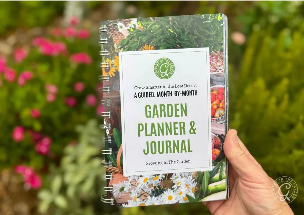 Hand holding an Arizona Garden Planner & Journal book outdoors, with flowers and lush low desert greenery in the background.