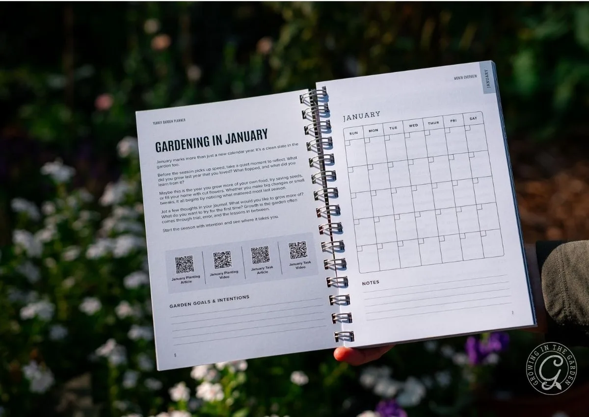An open Arizona Garden Planner displays a Gardening in January guide alongside a blank January calendar page.
