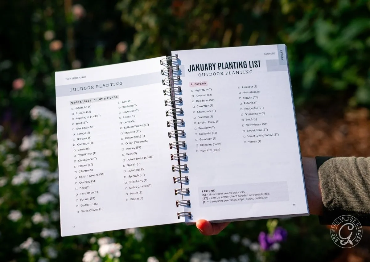 A person holds an Arizona Garden Planner book open to a January outdoor planting list, with plants checked off.