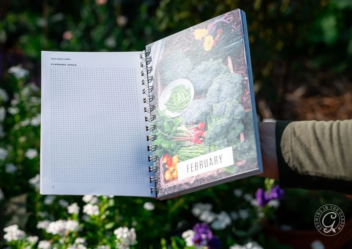 A person holds open an Arizona Garden Planner, displaying the February page with vegetables and blank planning space.