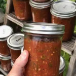 A hand holds a jar of homemade salsa; more labeled jars are stacked on wooden shelves in the background.