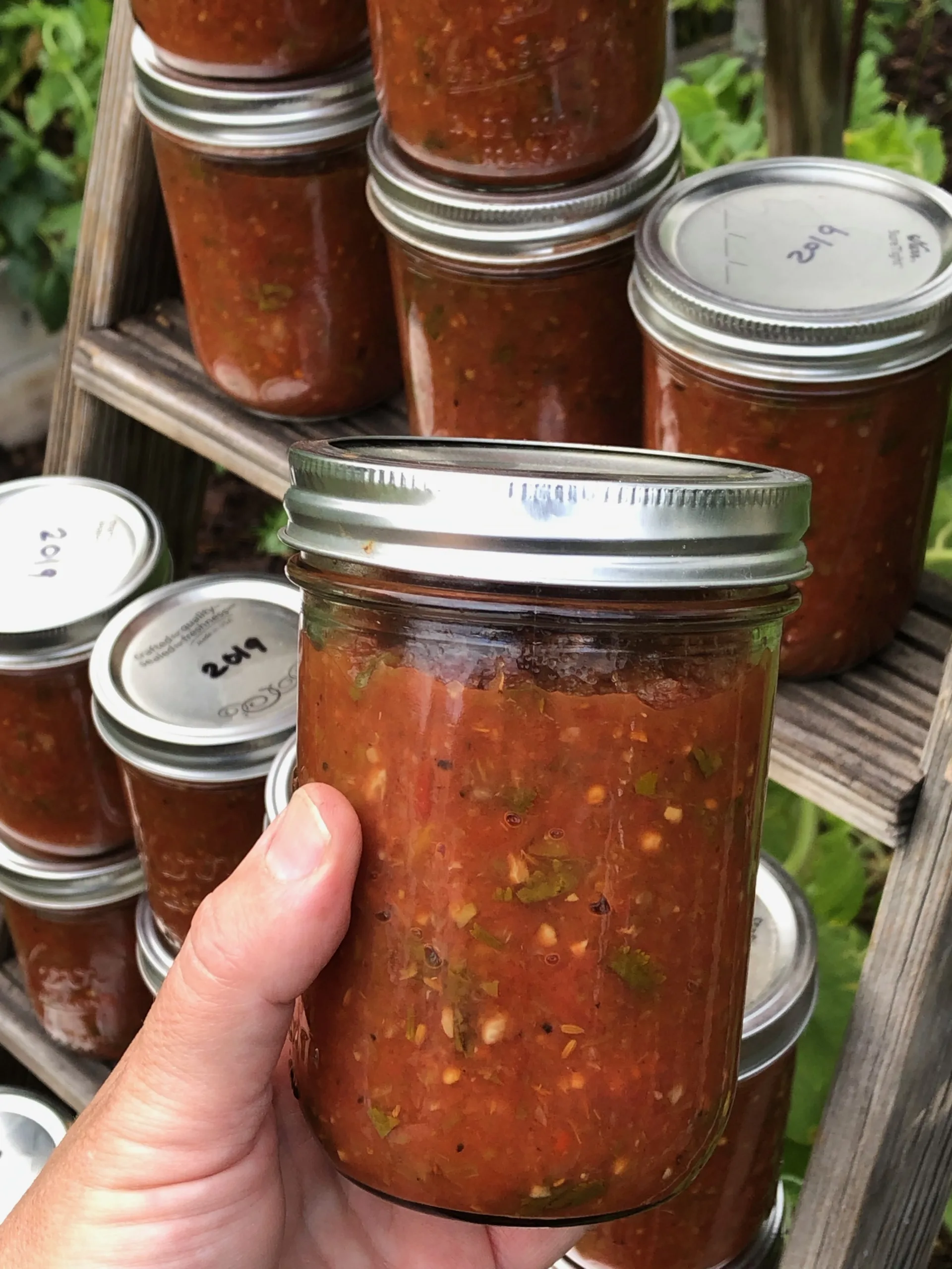 A hand holds a jar of homemade salsa; more labeled jars are stacked on wooden shelves in the background.