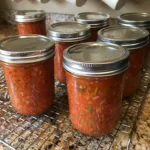 Jars of our favorite garden salsa recipe cooling on a wire rack on a granite countertop, mugs hanging above.