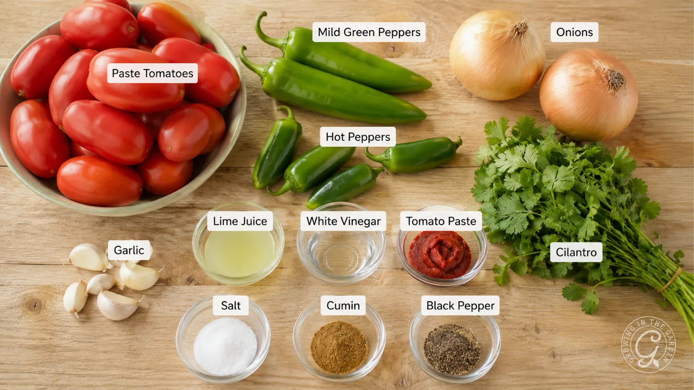 Fresh salsa ingredients including tomatoes, peppers, onions, garlic, spices, lime juice, vinegar, and cilantro.