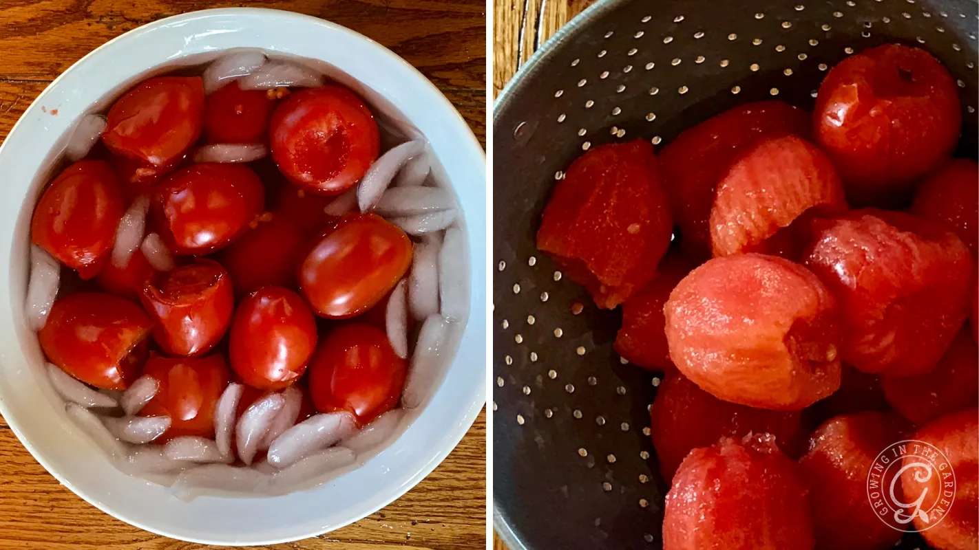 Left: Tomatoes in an ice bath. Right: Peeled tomatoes in a metal colander on a wooden surface.