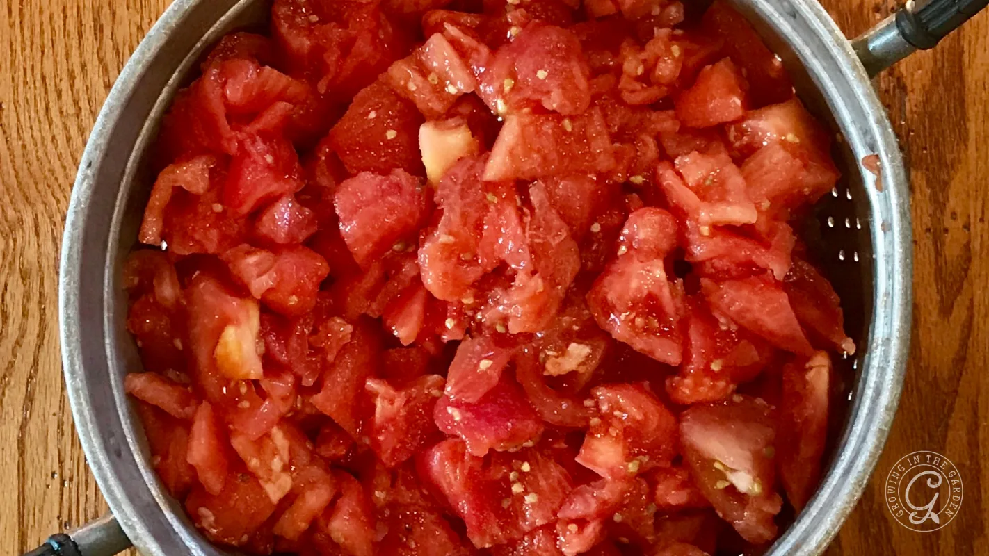 A bowl filled with freshly chopped tomatoes on a wooden surface.