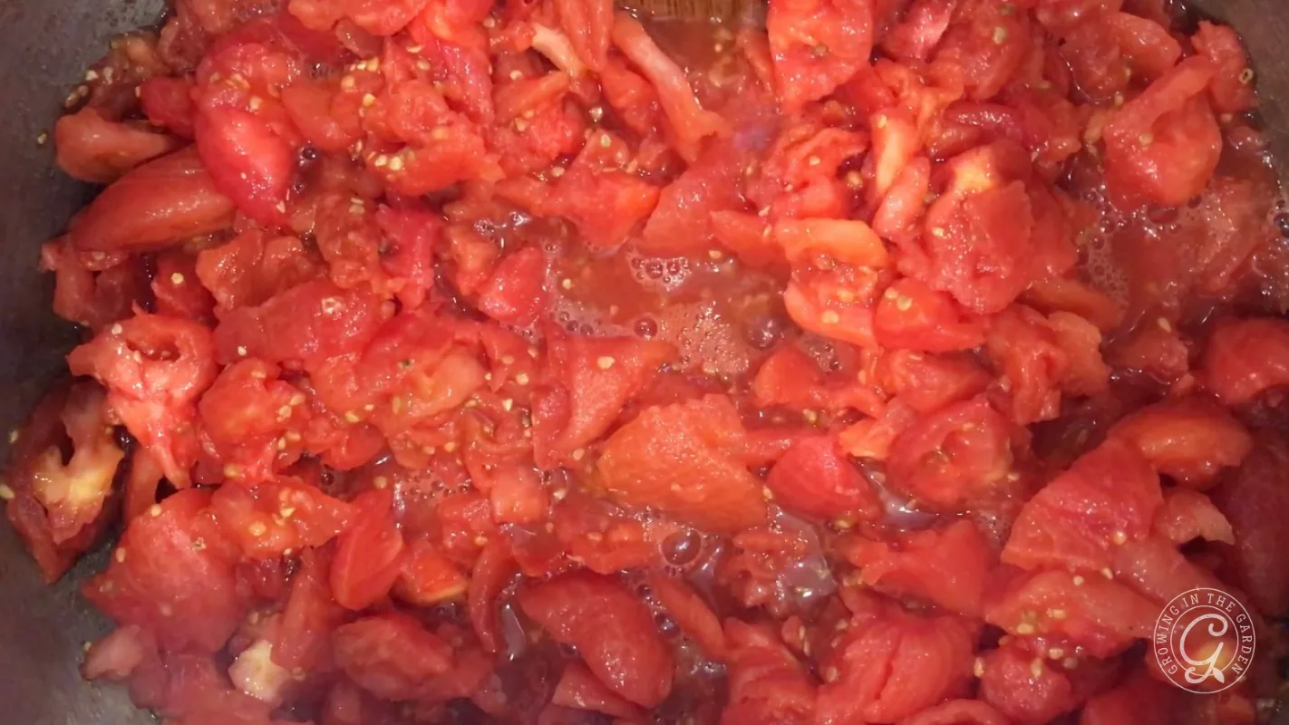 Chopped tomatoes simmering in a pot, with juice and seeds visible among the pieces.