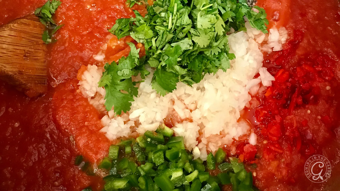 Chopped cilantro, onions, green and red peppers on top of tomato sauce, being mixed with a wooden spoon.