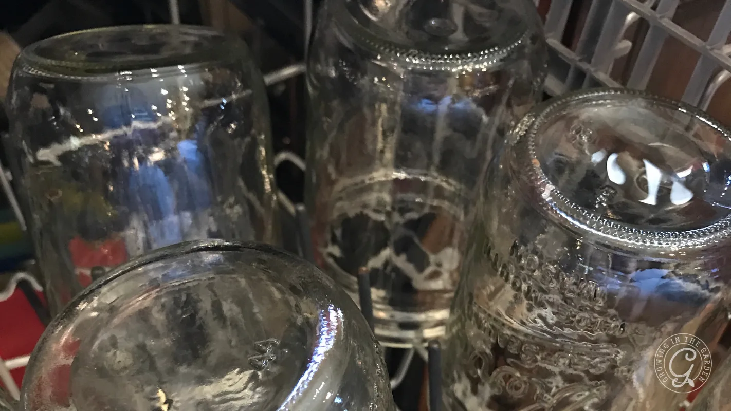 Four upside-down glass cups with water spots inside a dishwasher rack.