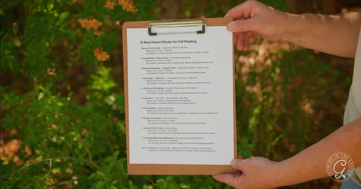 Person holding a clipboard with a printed plant list in a garden, surrounded by green leaves, possibly reviewing the best shrubs for desert landscape.