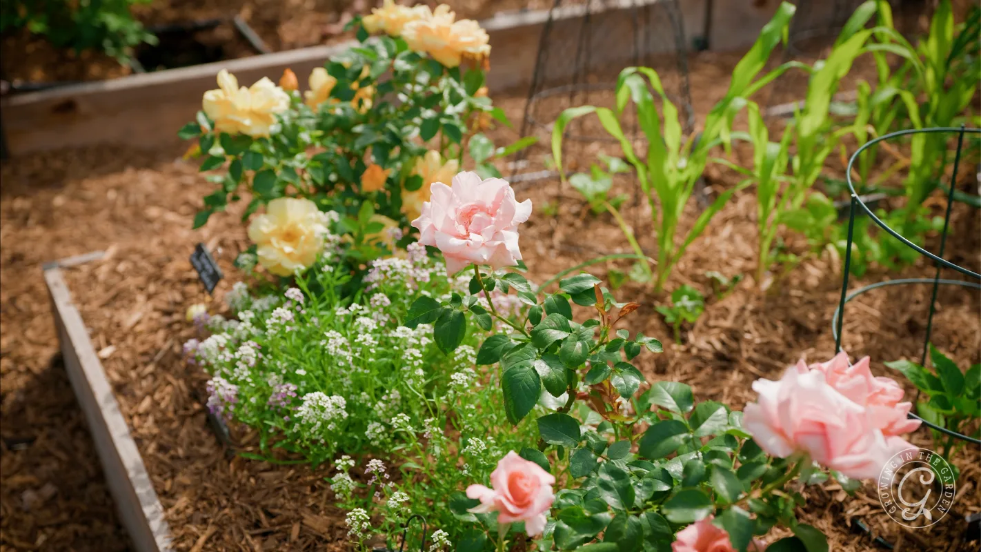 Raised garden bed with blooming pink and yellow roses, green plants, and mulch in sunlight.