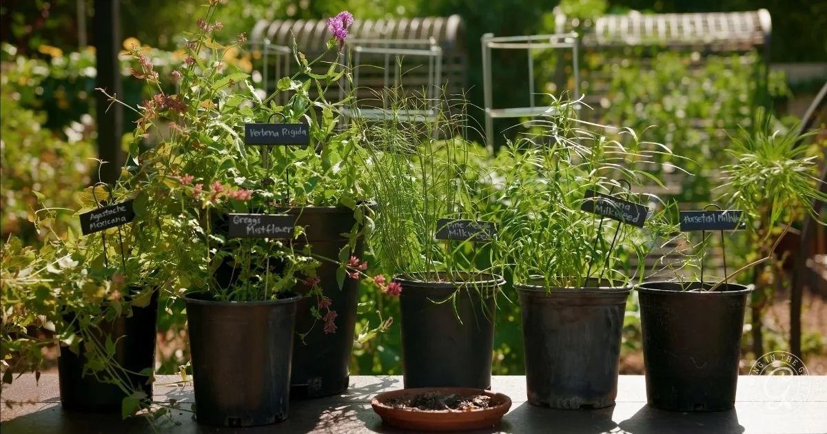 Potted herbs with labels sit on a table outdoors in a sunny garden, surrounded by greenery and milkweeds that attract butterflies seeking nectar&mdash;just like those found in Butterfly Garden Arizona.