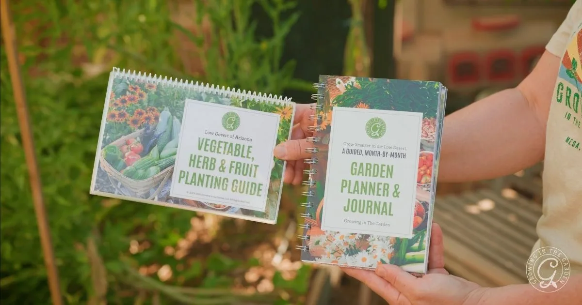 Two hands hold an easy gardening vegetable planting guide and a garden planner journal outdoors, surrounded by green plants&mdash;perfect for planning fall vegetables in regions with mild winters.
