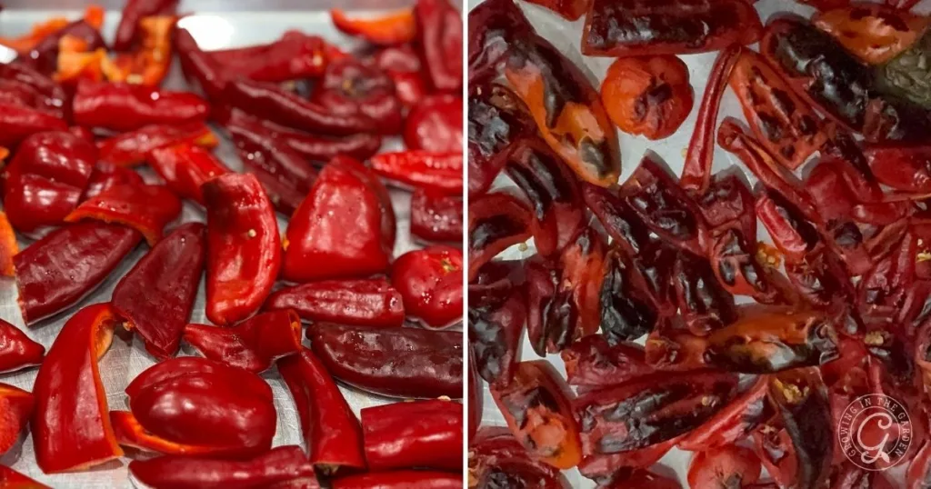 Close-up of roasted peppers, with fresh red chili peppers on the left and their perfectly roasted counterparts on the right, displayed on a tray.