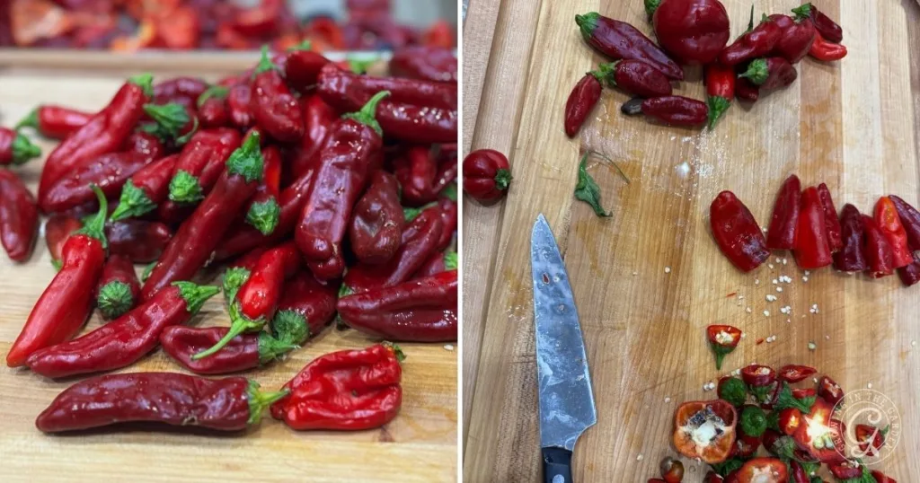 A pile of red chili peppers and a cutting board with chopped and roasted peppers alongside a kitchen knife.