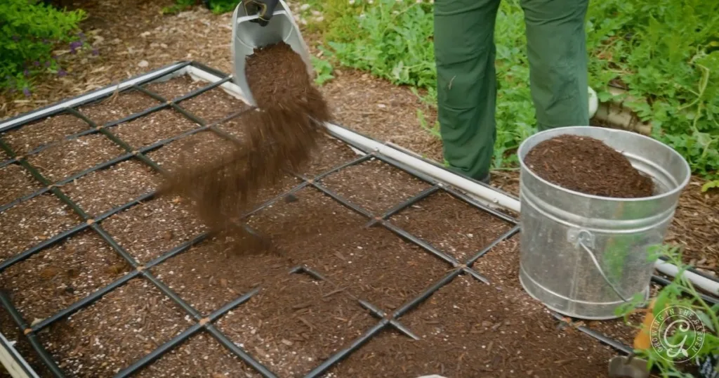 A person demonstrates how to use nutrient+ by pouring enriched soil onto a raised garden bed divided into square sections, with a metal bucket nearby.