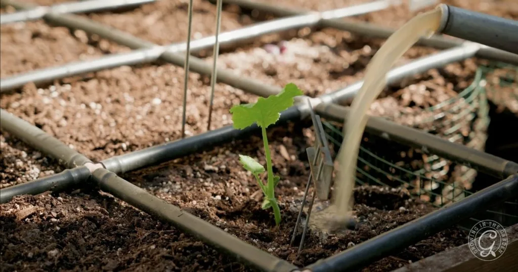 A small seedling is being watered in a garden bed with a grid of irrigation pipes, demonstrating how to use Nutrient+ effectively for healthy plant growth.