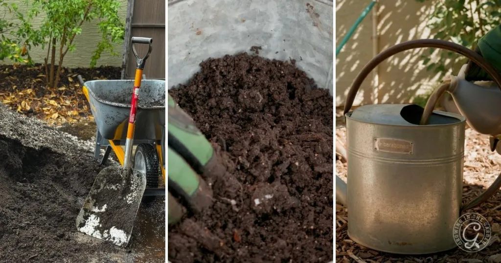 Collage showing compost pile, hands mixing soil, and a watering can in a lush garden setting, highlighting the use of liquid organic fertilizer.