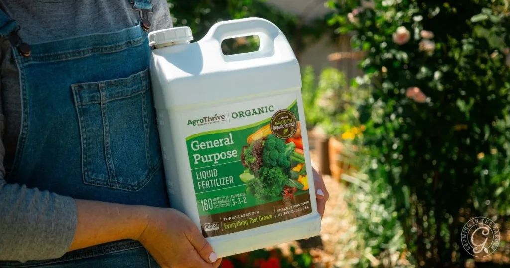 Person holding a container of AgroThrive Organic General Purpose Liquid Fertilizer in a garden, showing how to use this liquid organic fertilizer for healthy plant growth.