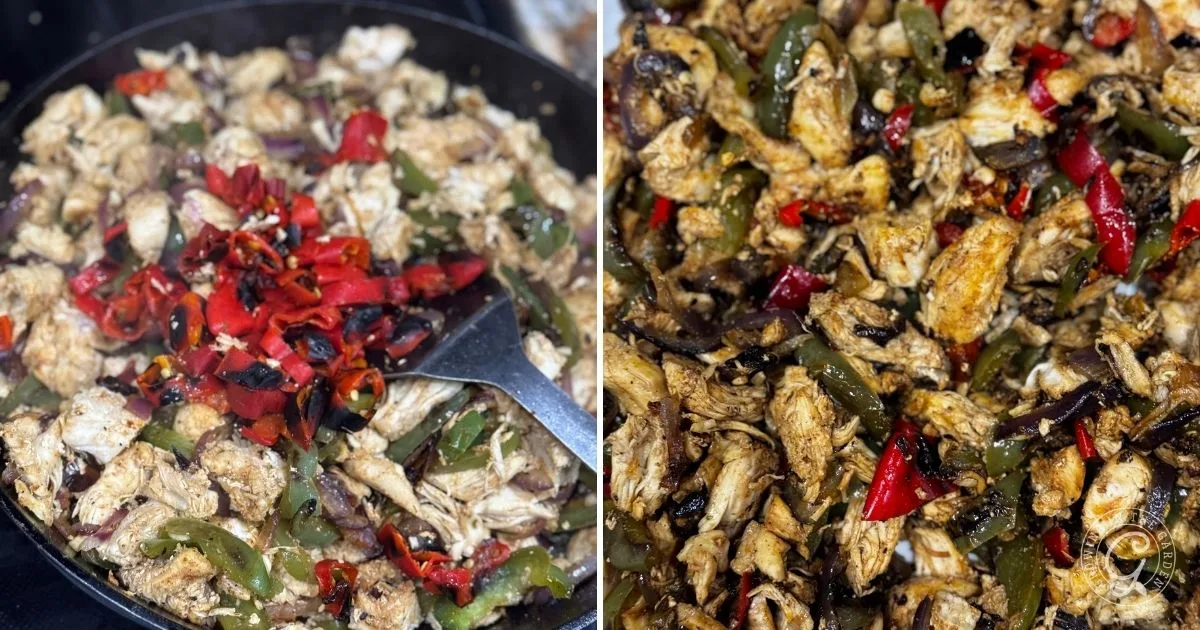 Seasoned chicken with red and green roasted peppers cooking in a skillet; close-up view of the savory, perfectly cooked mixture.